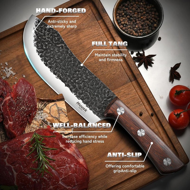 Huusk Butcher Knife Set for Meat Cutting 10pcs Viking Kitchen Serbian Chef Knife with Roll Bag Hand Forged Brisket Knives Meat Cleaver for Men Gift BBQ Outdoor Camping - Image 3